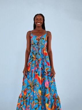 FARM Rio Blue MACAW PARTY Tropical Maxi Coverup with Multicolor Floral Print M